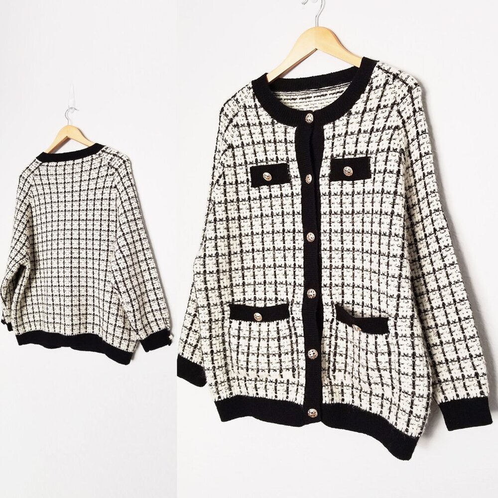 Oversized Tweed Textured Knit Cardigan Jacket Sweater OS Chunky Knit Pockets